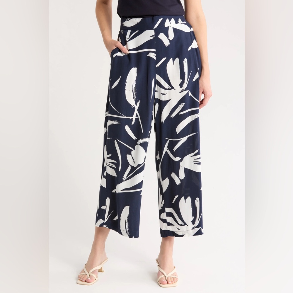 T Tahari Ankle Crop Wide Leg Palazzo Pants Navy White Printed New With Tags XS